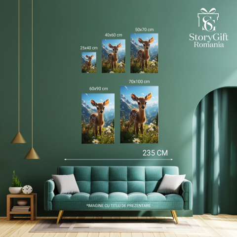 Bambi - Căprioară Drăguță cu Chipul Luminat și Urechile Lungi în Câmpul cu Flori - Pictură Digitală, Marime 40x25CM [2]