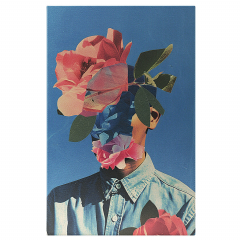 Flori - Tablou Canvas - Bărbat cu Chipul Acoperit de Flori Sălbatice, Cămașă și Flori Delicate, Marime 40x25CM