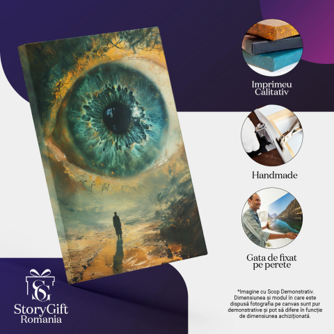 Tablou Canvas  Barbat in Palton Lung care se uita Curios la Ochiul Minuat Albastru cu Gene Lungi langa Mare , Pictura Digitala 40x25CM [2]