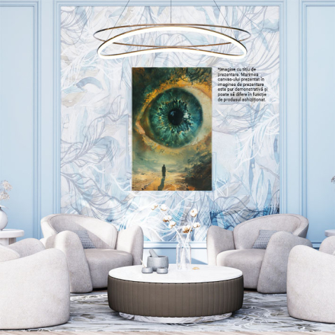 Tablou Canvas  Barbat in Palton Lung care se uita Curios la Ochiul Minuat Albastru cu Gene Lungi langa Mare , Pictura Digitala 40x25CM [1]