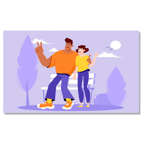 Tablouri Canvas - Tablou Canvas Barbat in Pulover Portocaliu Alaturi de Femeia in Tricou Galben fac o Poza cu Doua Degete Ridicate 40x25CM