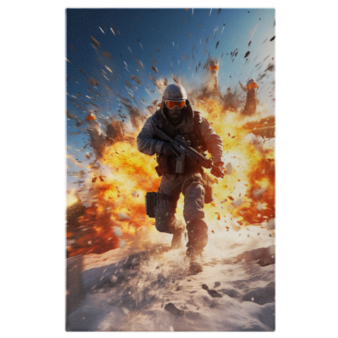 Meserii - Tablou Canvas:  Barbat in Razboi cu Pusca in Mana fungind de Foc cu Vesta Inarmat si Casca  Pictura Digitala 40x25CM