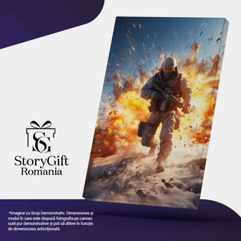 Tablou Canvas:  Barbat in Razboi cu Pusca in Mana fungind de Foc cu Vesta Inarmat si Casca  Pictura Digitala 40x25CM [4]