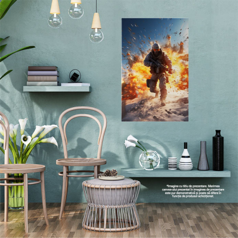 Tablou Canvas:  Barbat in Razboi cu Pusca in Mana fungind de Foc cu Vesta Inarmat si Casca  Pictura Digitala 40x25CM [1]