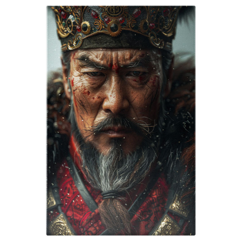 Portret - Tablou Canvas  Barbat Japonez Shogun cu Taieturi pe Fata cu Barba Carunta in Costum Rosu cu Coroana , Pictura Digitala 40x25CM