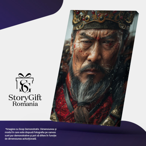 Tablou Canvas  Barbat Japonez Shogun cu Taieturi pe Fata cu Barba Carunta in Costum Rosu cu Coroana , Pictura Digitala 40x25CM [4]