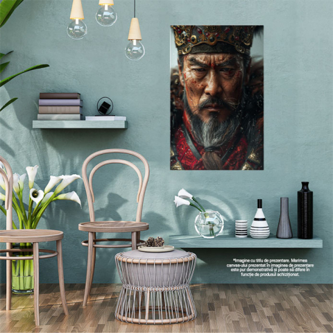 Tablou Canvas  Barbat Japonez Shogun cu Taieturi pe Fata cu Barba Carunta in Costum Rosu cu Coroana , Pictura Digitala 40x25CM [1]