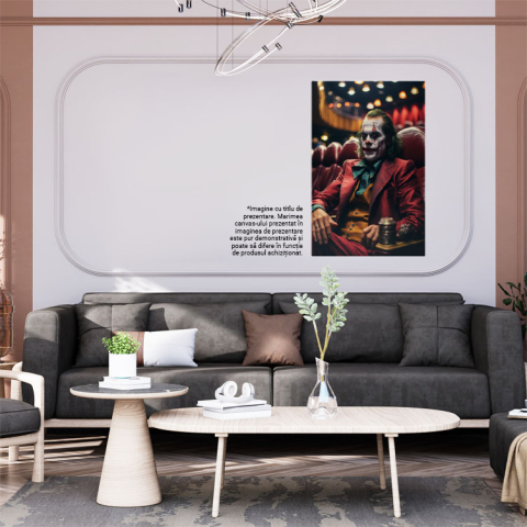 Tablou Canvas:  Barbat Jocker cu Parul Verde si Vesta Galbena in Sala de Cinema Pictat pe Fata Pictura Digitala 40x25CM [1]