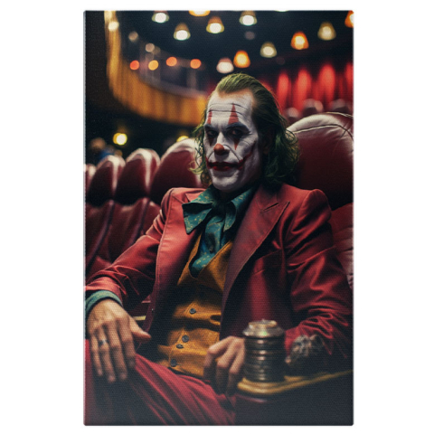 Portret - Tablou Canvas:  Barbat Jocker cu Parul Verde si Vesta Galbena in Sala de Cinema Pictat pe Fata Pictura Digitala 40x25CM
