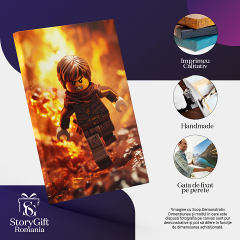 Tablou Canvas:  Barbat Lego care Alearga Furios de Foc cu Esarfa Maro si Costum cu Barba   Pictura Digitala 40x25CM [2]