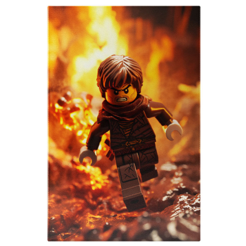 Personaje Desene Animate - Tablou Canvas:  Barbat Lego care Alearga Furios de Foc cu Esarfa Maro si Costum cu Barba   Pictura Digitala 40x25CM