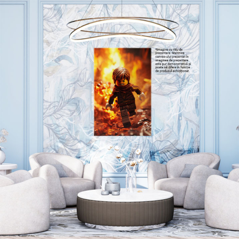 Tablou Canvas:  Barbat Lego care Alearga Furios de Foc cu Esarfa Maro si Costum cu Barba   Pictura Digitala 40x25CM [1]