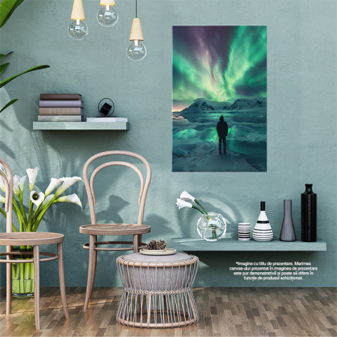 Tablou Canvas:  Barbat Singuratic care se uita catre Imbinarea de Culori ale Cerului la Polul Nord Pictura Digitala 40x25CM [1]