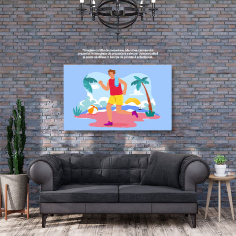 Tablou Canvas Barbatul in Maiou Rosu si Pantaloni Galbeni Alerga pe Plaja Dimineata cu Adiasi Mov 40x25CM [2]