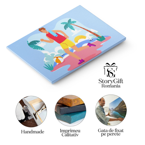 Tablou Canvas Barbatul in Maiou Rosu si Pantaloni Galbeni Alerga pe Plaja Dimineata cu Adiasi Mov 40x25CM [1]