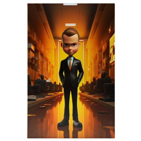 Personaje Desene Animate - Bărbat în Costum Negru cu Cravată Portocalie - Pictură Digitală cu Privire Serioasă, Marime 40x25CM