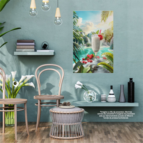 Tablou Canvas Băutură Răcoroasă cu Fructe Roșii pe Spuma Valurilor de pe Insula Tropicală , Pictura Digitala 40x25CM [1]
