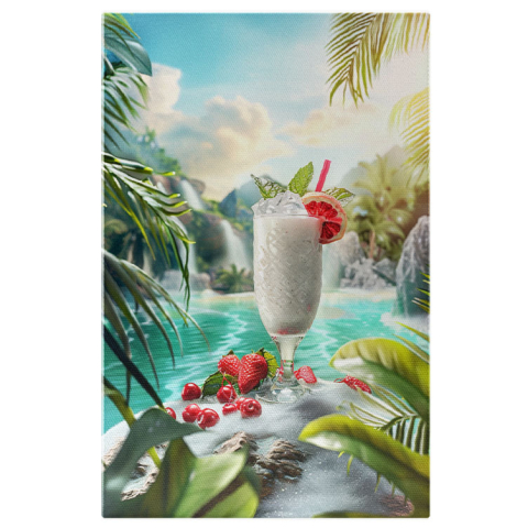 Băuturi - Tablou Canvas Băutură Răcoroasă cu Fructe Roșii pe Spuma Valurilor de pe Insula Tropicală , Pictura Digitala 40x25CM