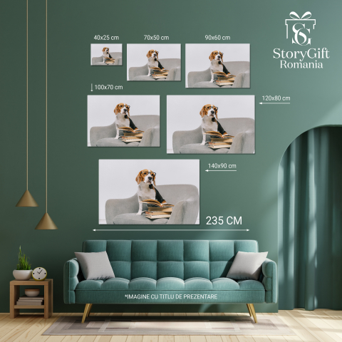 Tablou Canvas Beagle Dragut in Fotoliu cu Carti pe Fundal Gri animal, fotoliu, beagle, carti, dragoste, educare 70x50CM [3]