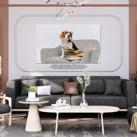 Tablou Canvas Beagle Dragut in Fotoliu cu Carti pe Fundal Gri animal, fotoliu, beagle, carti, dragoste, educare 70x50CM [2]