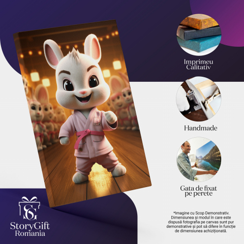 Bebelusul Iepuraș în Costum Roz cu Centură de Karate - Pictură Digitală, Marime 40x25CM [1]