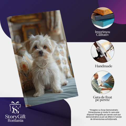 Tablou Canvas Bichon cu perle la gât și ochii ca mărgelele- Câine între perne pe fotoliu albastru , Pictura Digitala 40x25CM [2]