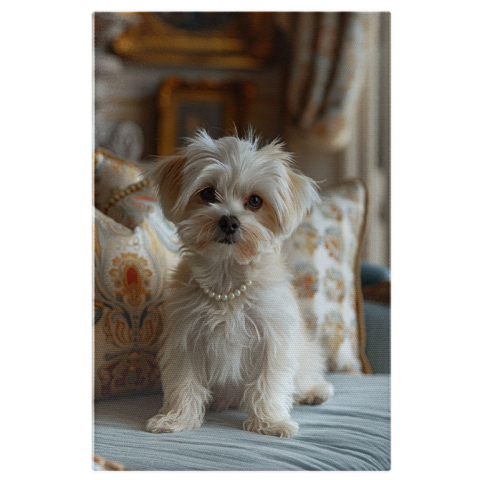 Câini - Tablou Canvas Bichon cu perle la gât și ochii ca mărgelele- Câine între perne pe fotoliu albastru , Pictura Digitala 40x25CM