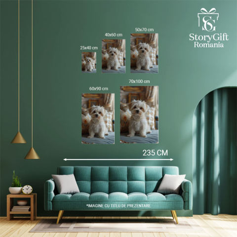 Tablou Canvas Bichon cu perle la gât și ochii ca mărgelele- Câine între perne pe fotoliu albastru , Pictura Digitala 40x25CM [3]