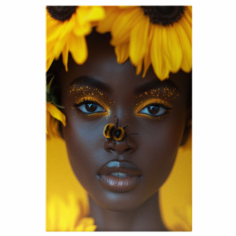 Tablou Canvas Femeie Afro-Americană Învăluită în Flori Galbene cu Albina pe Nas | Pictură Digitală, Marime 40x25CM