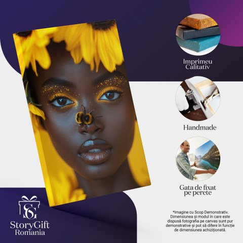 Tablou Canvas Femeie Afro-Americană Învăluită în Flori Galbene cu Albina pe Nas | Pictură Digitală, Marime 40x25CM [1]