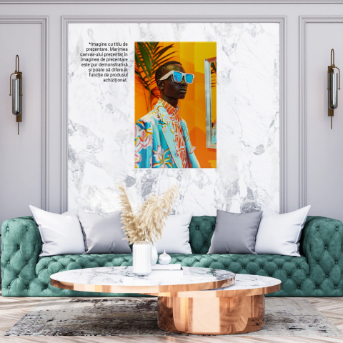 Stylish Black Man with Glasses and Braids in Orange Striped Shirt and Floral Blue Blazer – Digital Art, Marime 40x25CM [2]