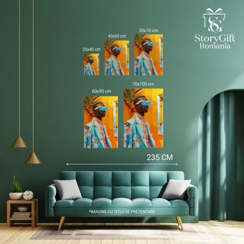 Stylish Black Man with Glasses and Braids in Orange Striped Shirt and Floral Blue Blazer – Digital Art, Marime 40x25CM [3]