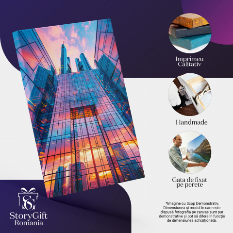 Blocuri Colorate cu Vârfuri ce Ating Cerul - Pictură Digitală cu Nori Roze, Marime 40x25CM [1]