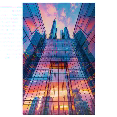 Oraș - Blocuri Colorate cu Vârfuri ce Ating Cerul - Pictură Digitală cu Nori Roze, Marime 40x25CM