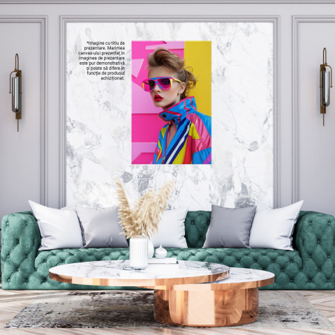 Stylish Blonde Woman in Colorful Jacket with Red Lips and Glasses Next to a Pink-Yellow Wall – Digital Art, Marime 40x25CM [2]