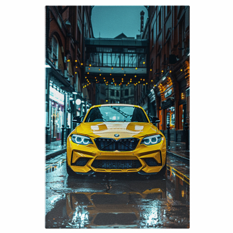 BMW Galben cu Faruri Aprinse pe o Stradă Ploioasă, Marime 40x25CM