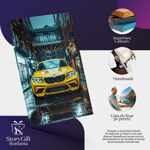 BMW Galben cu Faruri Aprinse pe o Stradă Ploioasă, Marime 40x25CM [1]