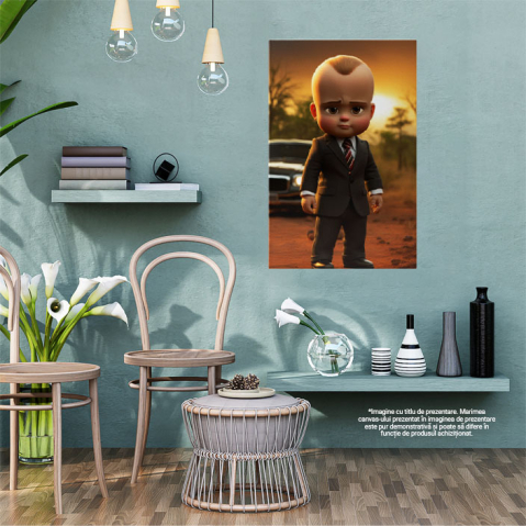 Tablou Canvas:  Boss Boy cu Ochii Caprui si Sacou Negru cu Masina in Spate pe un Pamant Pustiu Pictura Digitala 40x25CM [1]