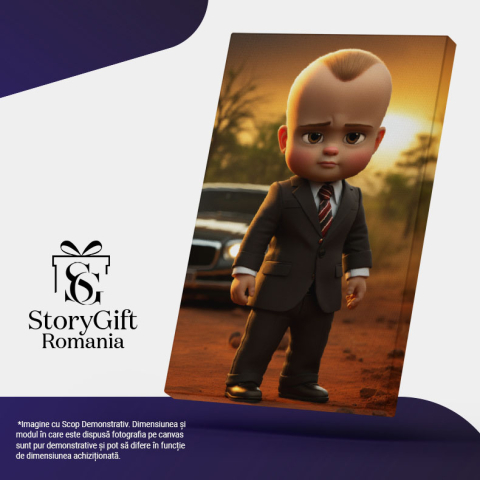 Tablou Canvas:  Boss Boy cu Ochii Caprui si Sacou Negru cu Masina in Spate pe un Pamant Pustiu Pictura Digitala 40x25CM [4]