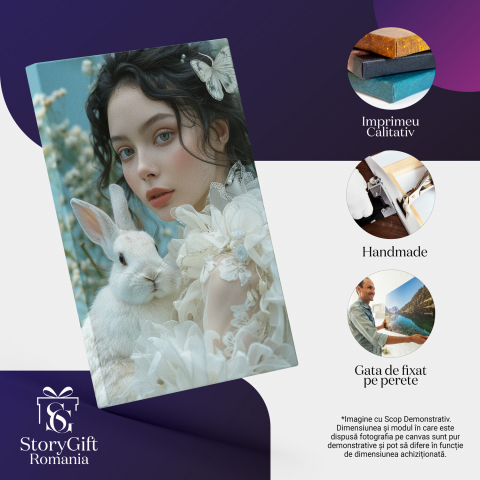 Tablou Canvas Brunetă cu Iepuraș Pufos și Fluture în Păr | Pictură Digitală, Marime 40x25CM [1]