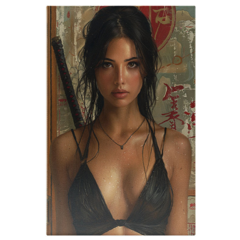 Senzual - Tablou Canvas:  Brunetă Sexy în Sutien Negru cu Macetă și Fundal Litere Japoneze- Portrete Artistice Pictura Digitala 40x25CM