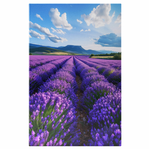 Flori - „Tablou Canvas Buchete Mov de Lavandă în Lan Verde cu Nori Călători”, Marime 40x25CM