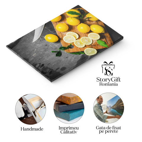 Tablou Canvas Bucurie Citrica Lamai Proaspete pe Placa de taiat  Delicii pentru o Alimentatie Sanatoasa 40x25CM [1]