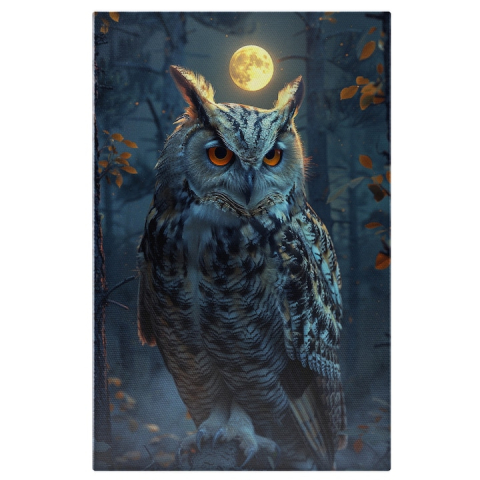 Tablouri Canvas - Tablou Canvas  Bufnita cu Ochii Portocali de Culoare Alba cu Pene Negre in Padurea Intunecata si Luna Plina , Pictura Digitala 40x25CM