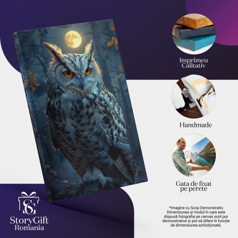 Tablou Canvas  Bufnita cu Ochii Portocali de Culoare Alba cu Pene Negre in Padurea Intunecata si Luna Plina , Pictura Digitala 40x25CM [1]