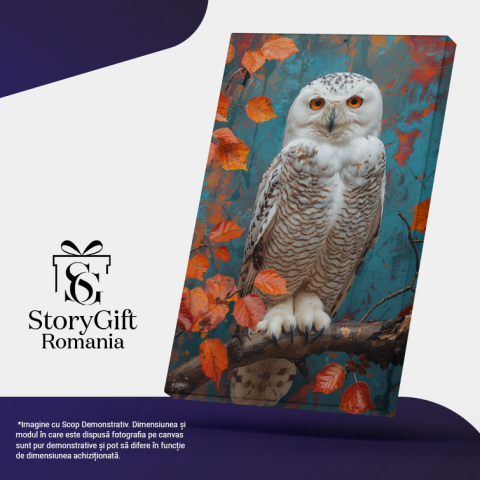 Tablou Canvas:  Bufniță între frunzele portocalii -Ochii bufniței ce se asortează cu frunzele Pictura Digitala 40x25CM [4]