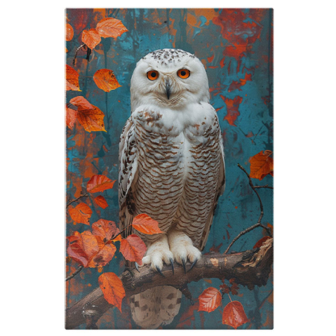 Păsări - Tablou Canvas:  Bufniță între frunzele portocalii -Ochii bufniței ce se asortează cu frunzele Pictura Digitala 40x25CM