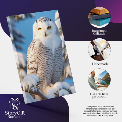 Tablou Canvas:  Bufnita polara stand linistita pe o ramura - natura pasare zapada Pictura Digitala 40x25CM [2]