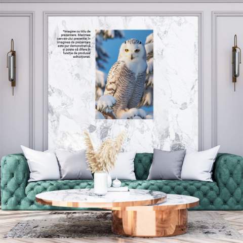 Tablou Canvas:  Bufnita polara stand linistita pe o ramura - natura pasare zapada Pictura Digitala 40x25CM [1]