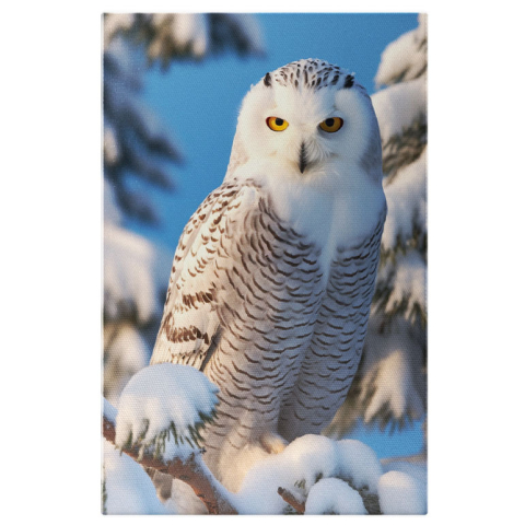 Păsări - Tablou Canvas:  Bufnita polara stand linistita pe o ramura - natura pasare zapada Pictura Digitala 40x25CM